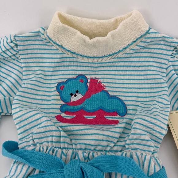 Vintage 80s 90s Health-Tex Bear on Sled Blue White Striped Dress, NWT, Girls 3T - Picture 2 of 8